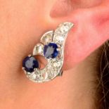 A pair of 1940s platinum sapphire and vari-cut diamond earrings.Estimated total old-cut diamond