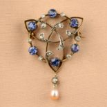 An Art Nouveau silver and gold, sapphire, diamond and cultured pearl brooch.