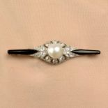 An Art Deco platinum, pearl, diamond and black enamel bar brooch.