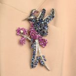 A mid 20th century pink sapphire, blue sapphire and diamond bird brooch, signed Marchak.
