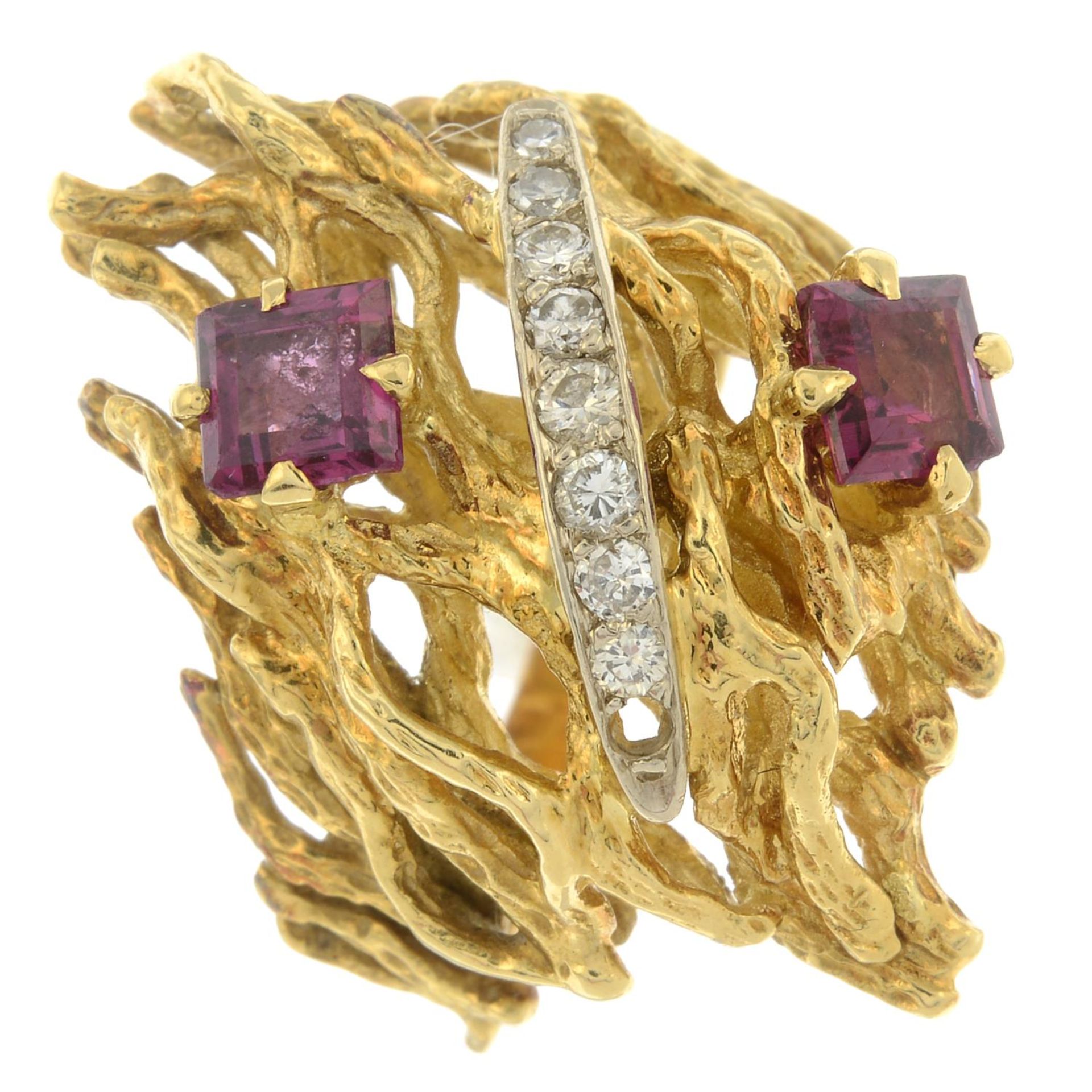 A 1970s 18ct gold garnet and diamond abstract dress ring. - Image 3 of 7