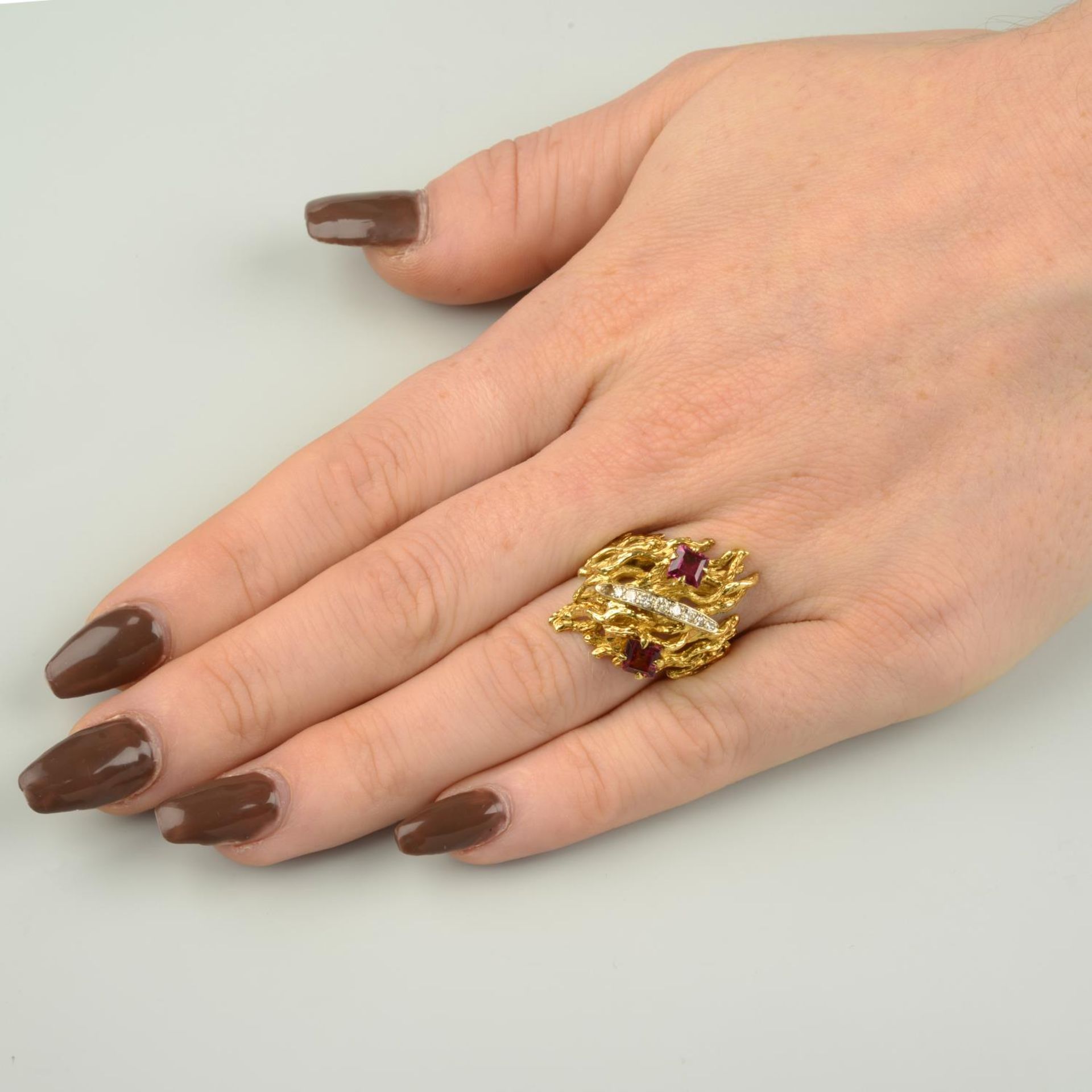 A 1970s 18ct gold garnet and diamond abstract dress ring. - Image 4 of 7