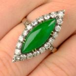 A marquise-shape jade cabochon and vari-cut diamond ring.Estimated dimensions of jade 17.4 by 6.8