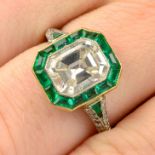 A rectangular-shape diamond and emerald cluster ring, with similarly-set shoulders.
