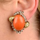A pair of coral and diamond earrings.Estimated total diamond weight 4cts,