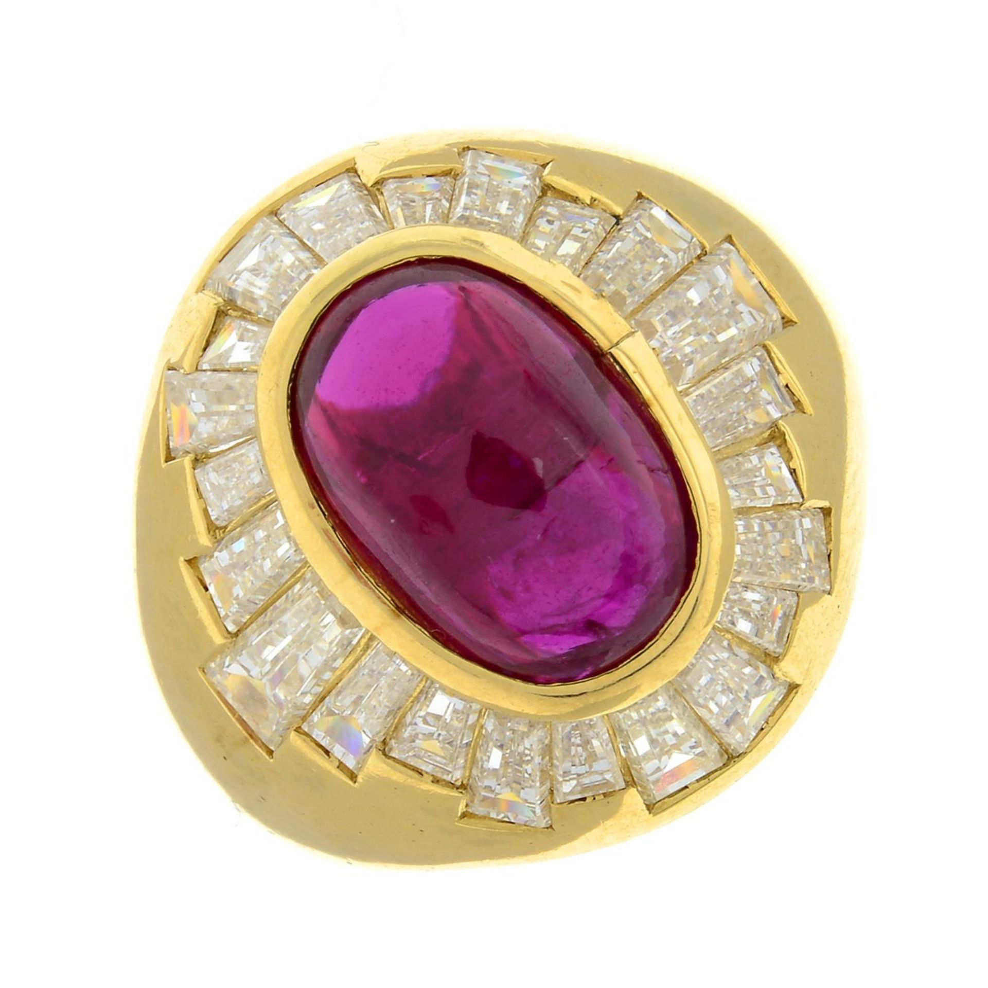 A ruby cabochon and baguette-cut diamond cluster ring. - Image 3 of 8