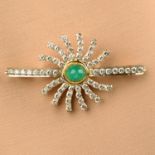 An emerald and diamond brooch.Emerald calculated weight 1.94cts,