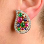 A pair of sapphire, ruby and emerald cabochon earrings, with diamond highlights, signed Cartier.