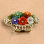 An Art Deco hardstone and rose-cut diamond floral basket brooch.