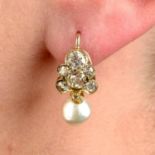 A pair of pearl and old-cut diamond earrings.Estimated total diamond weight 1.70cts,