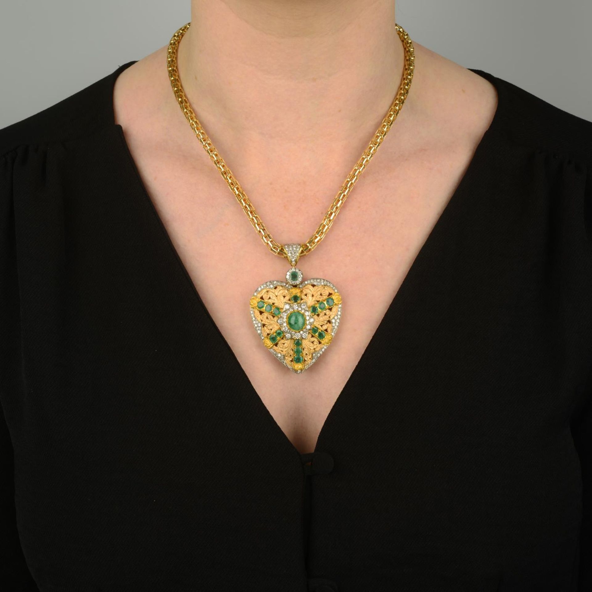 An emerald and diamond heart pendant, with fancy-link chain. - Image 5 of 8