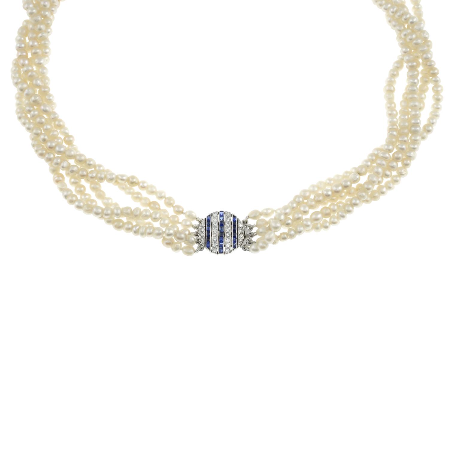 A natural pearl five-strand necklace, with sapphire and diamond clasp. - Bild 2 aus 9