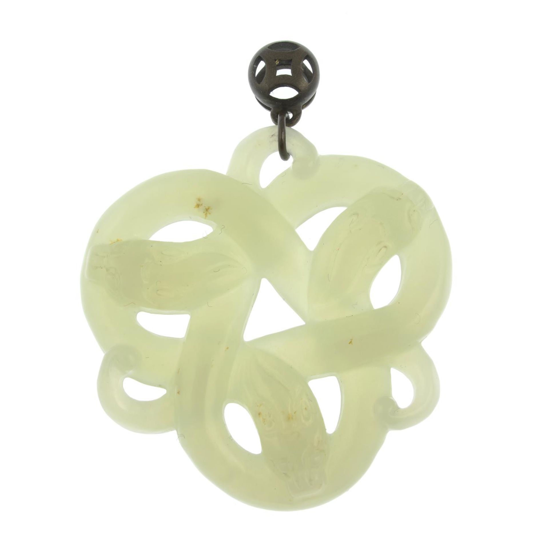 A carved Celadon jade pendant, designed as three entwined dragons, possibly Qing Dynasty. - Image 2 of 5