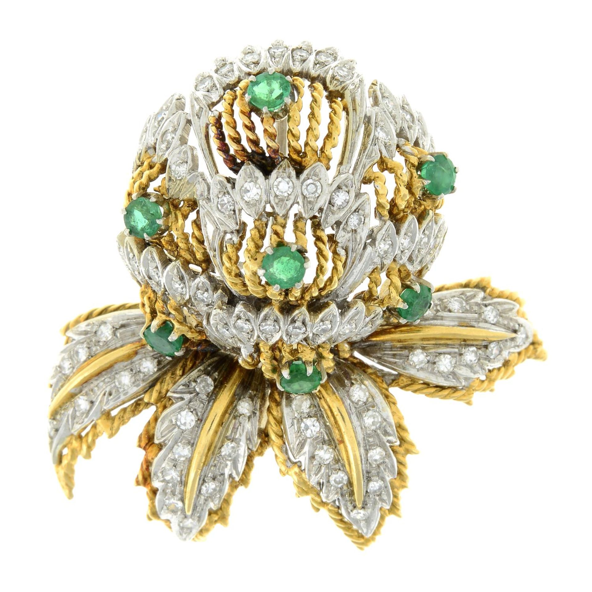 A 1970s 18ct gold emerald and diamond floral brooch. - Bild 3 aus 6