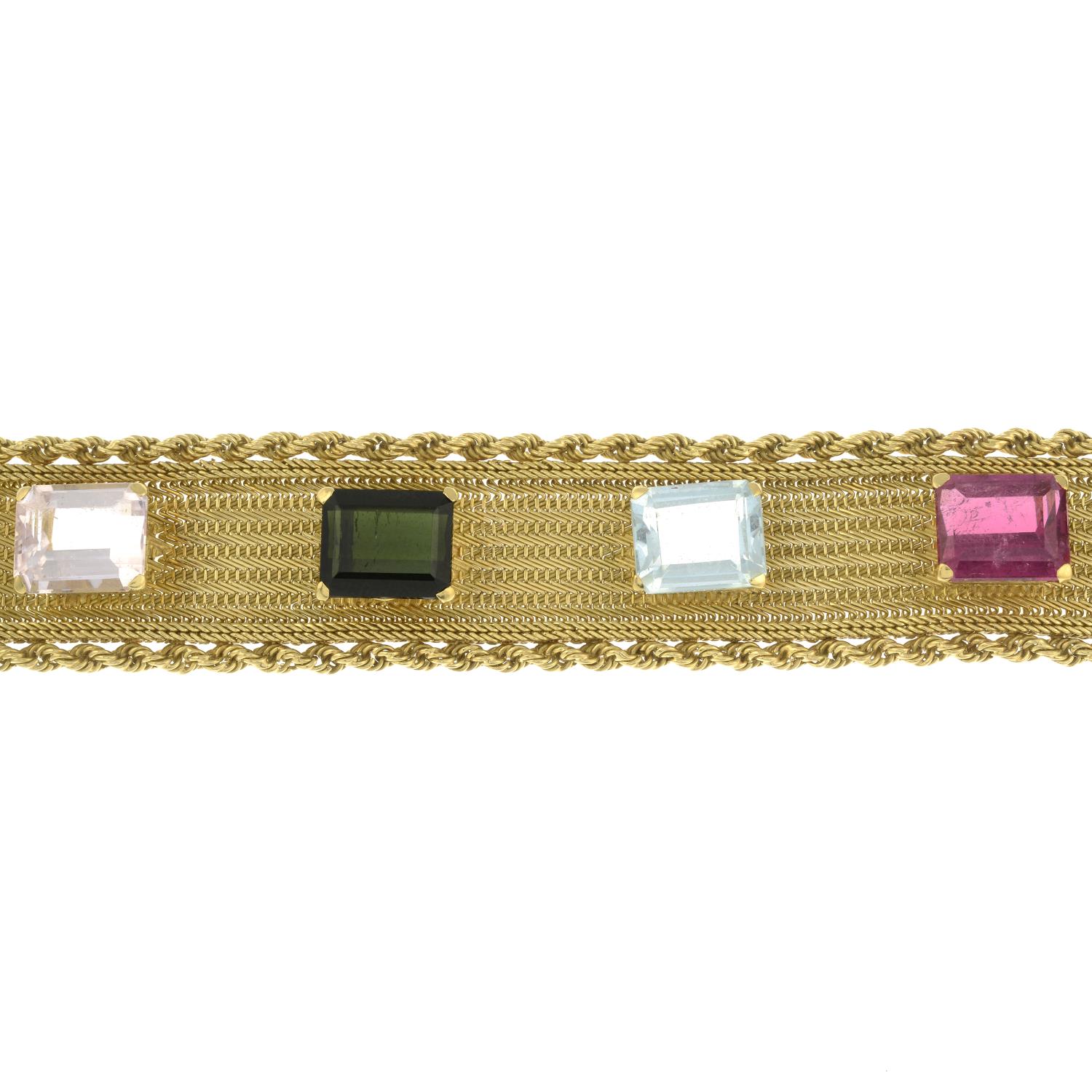 A mid 20th century 18ct gold multi-gem woven-link bracelet.Pink tourmaline calculated weight - Image 2 of 6