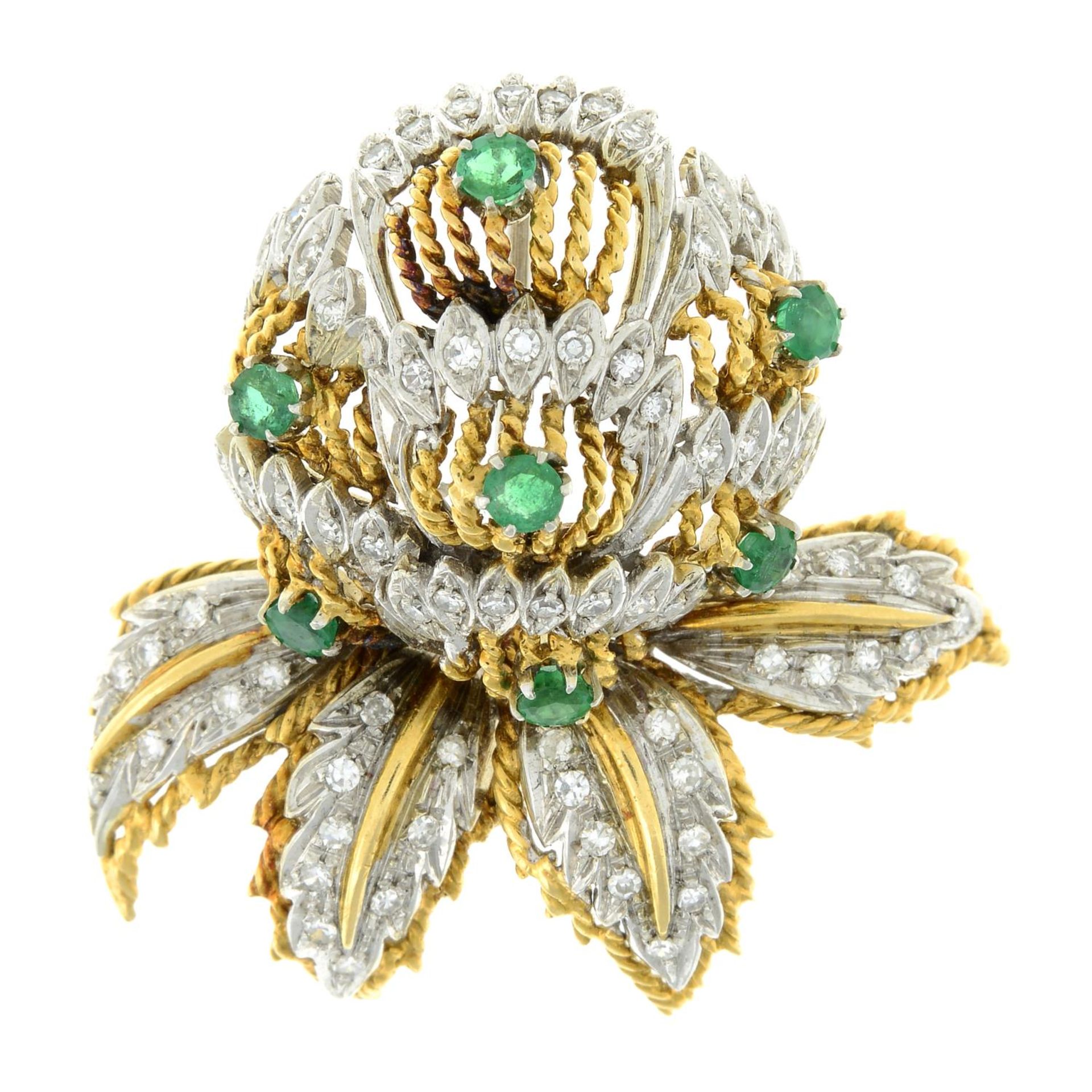 A 1970s 18ct gold emerald and diamond floral brooch. - Bild 2 aus 6