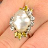 A baroque cultured pearl, diamond and 'yellow' diamond dress ring.