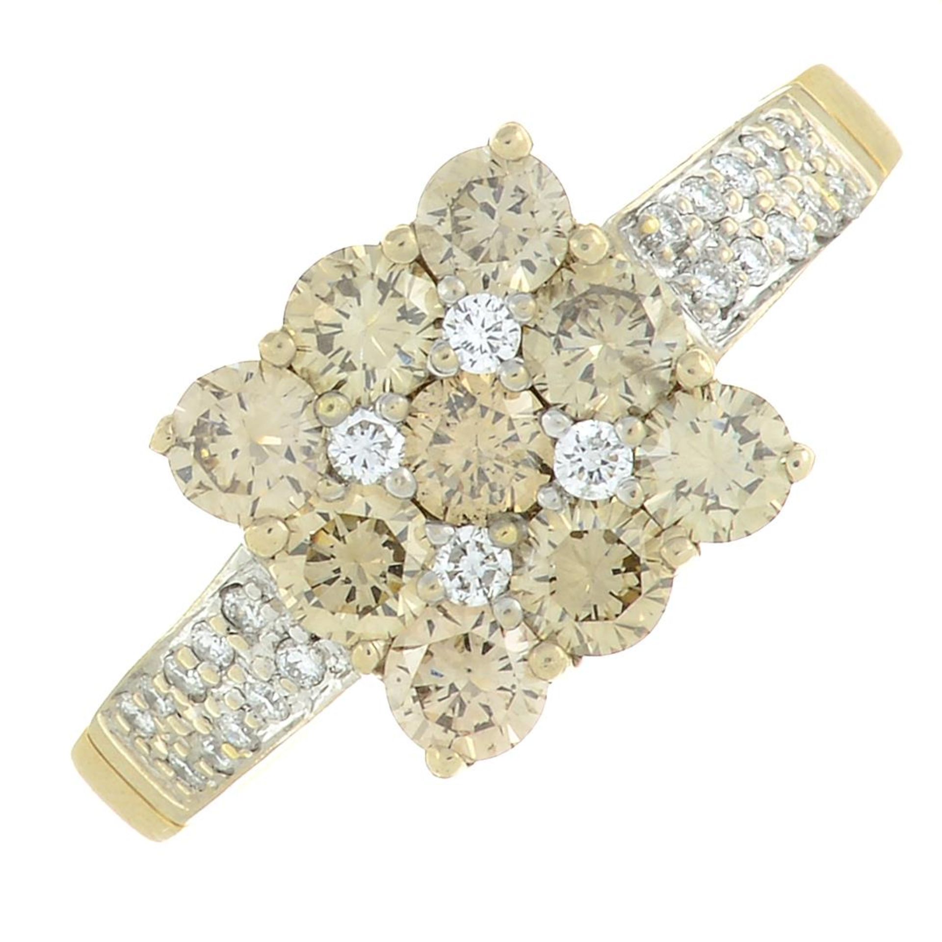 A 'brown' diamond and diamond cluster ring, with pavé-set diamond shoulders. - Image 3 of 9