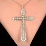 An early 20th century platinum old-cut and circular-cut diamond cross pendant, with chain.