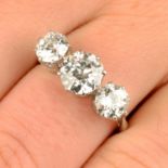 A graduated old-cut diamond three-stone ring.Estimated total diamond weight 2.40cts,