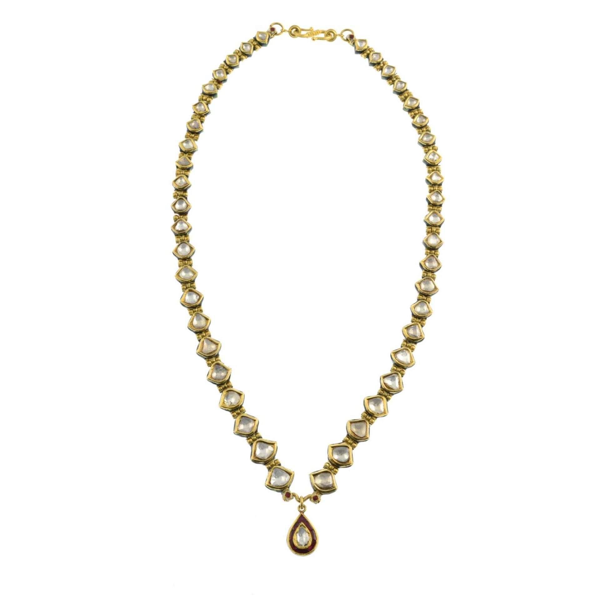 A Kundan polki diamond and enamel necklace.Length of pendant 2cms. - Bild 2 aus 5