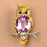 A 1970s 18ct gold kunzite, diamond and onyx owl brooch.