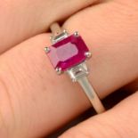 A ruby single-stone ring with tapered baguette-cut diamond sides.Ruby calculated weight 1.10cts,