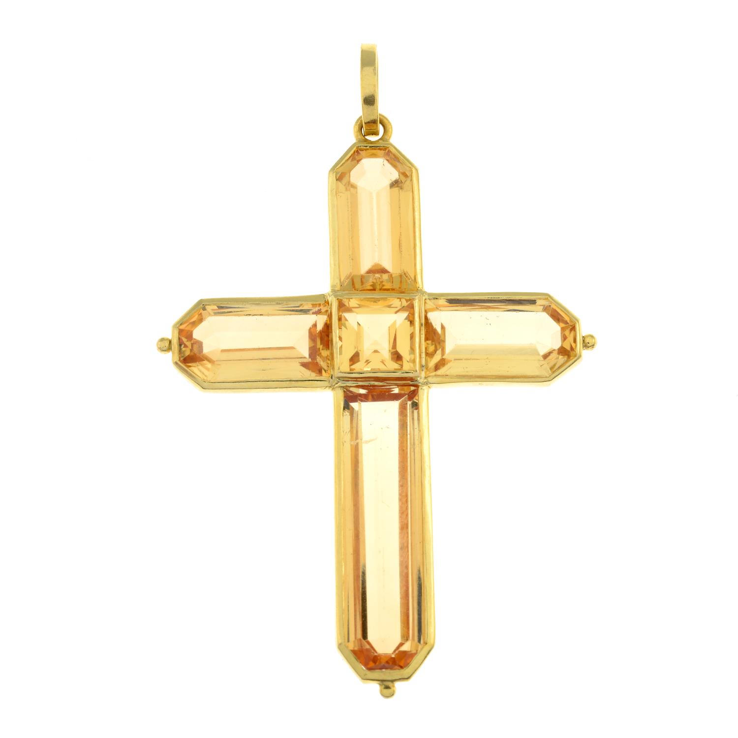 A late Georgian gold peachy yellow topaz cross pendant.Length 5.6cms. - Image 2 of 7