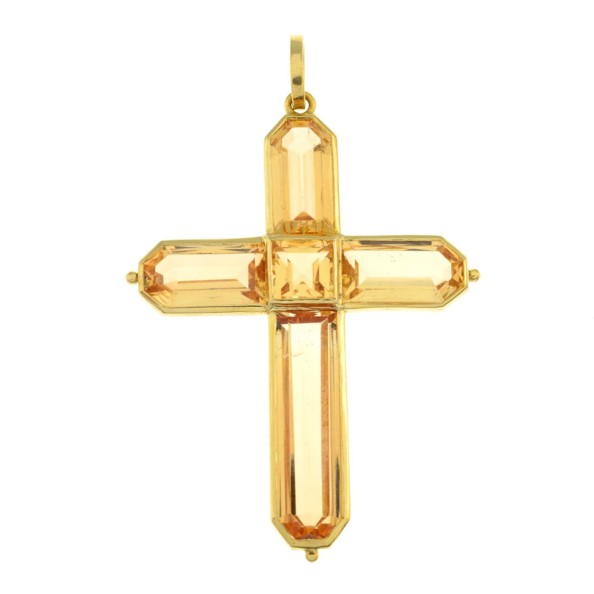 A late Georgian gold peachy yellow topaz cross pendant.Length 5.6cms. - Bild 2 aus 7