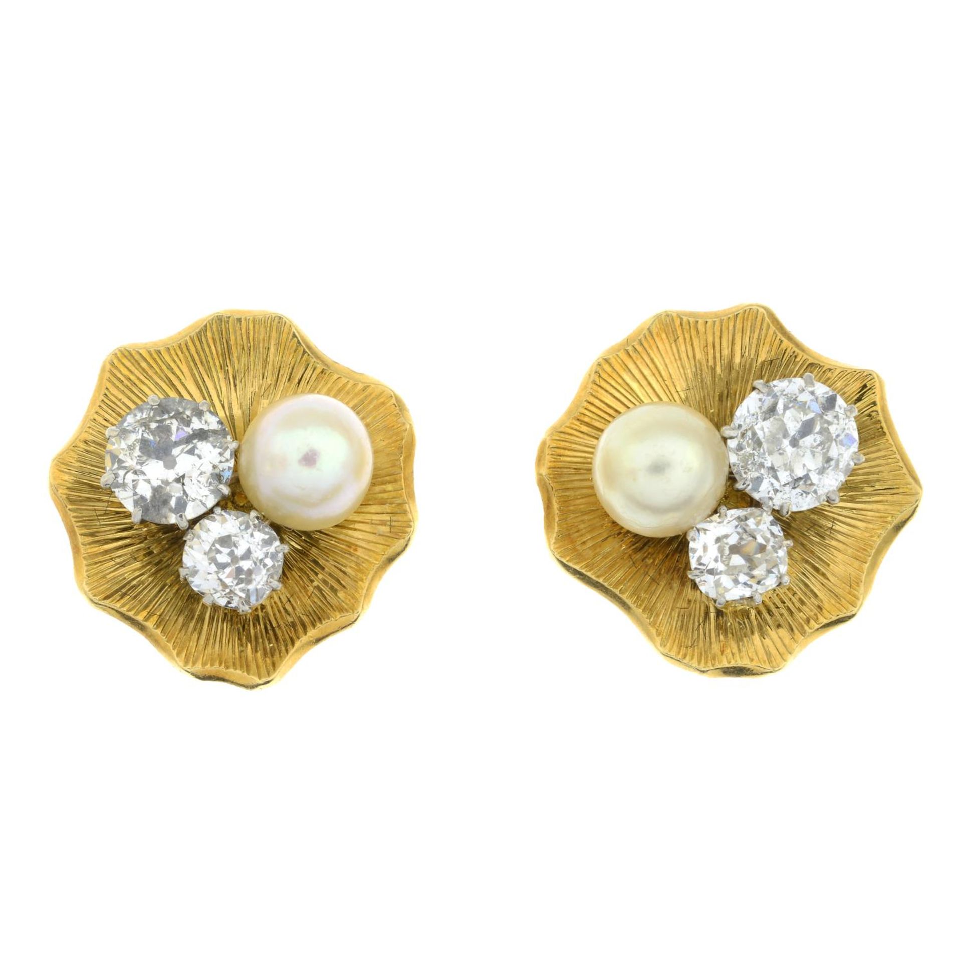 A pair of 1960s 18ct gold old-cut diamond and pearl textured earrings. - Image 3 of 5