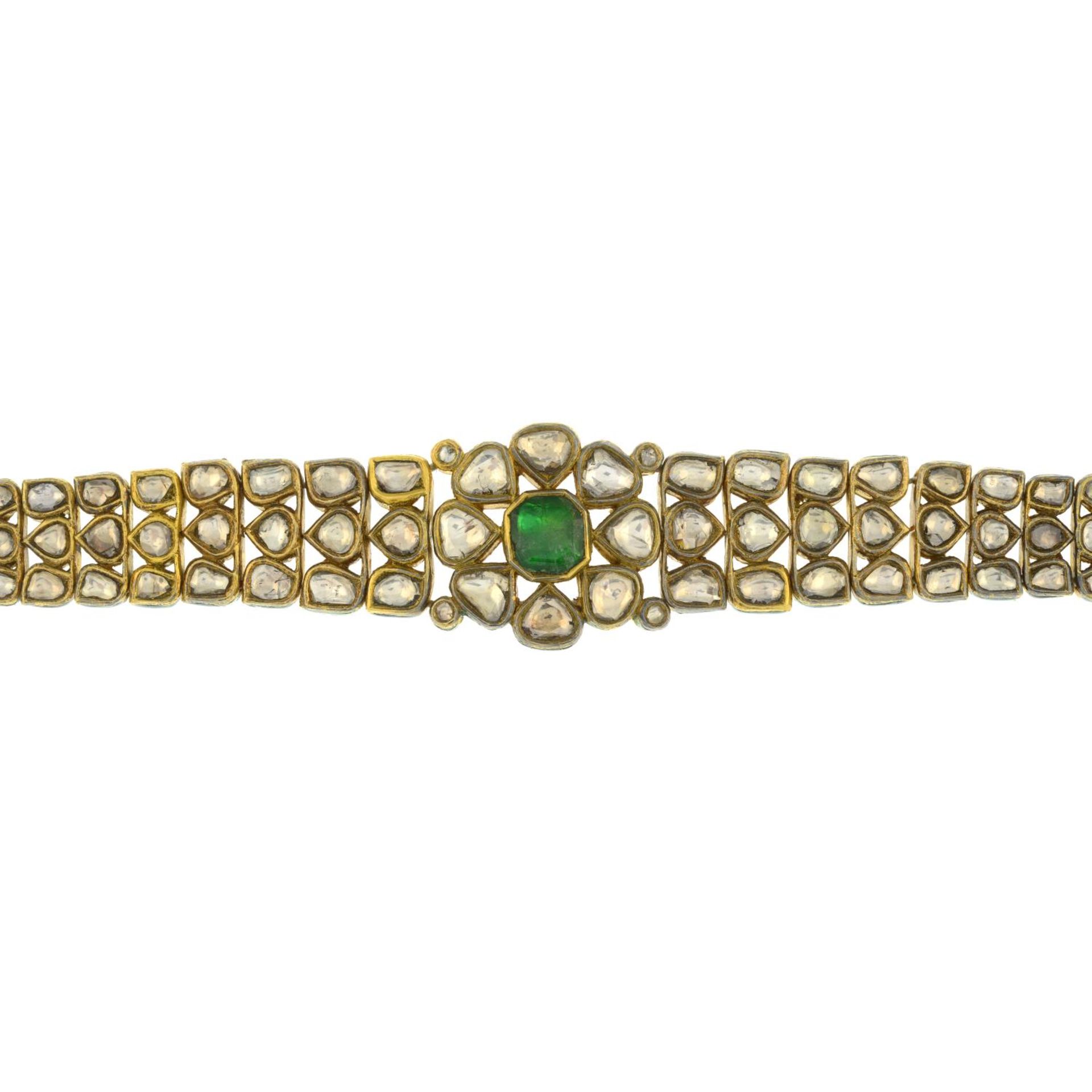 A Kundan emerald and polki diamond enamel bracelet.Length 16.8cms. - Image 3 of 7