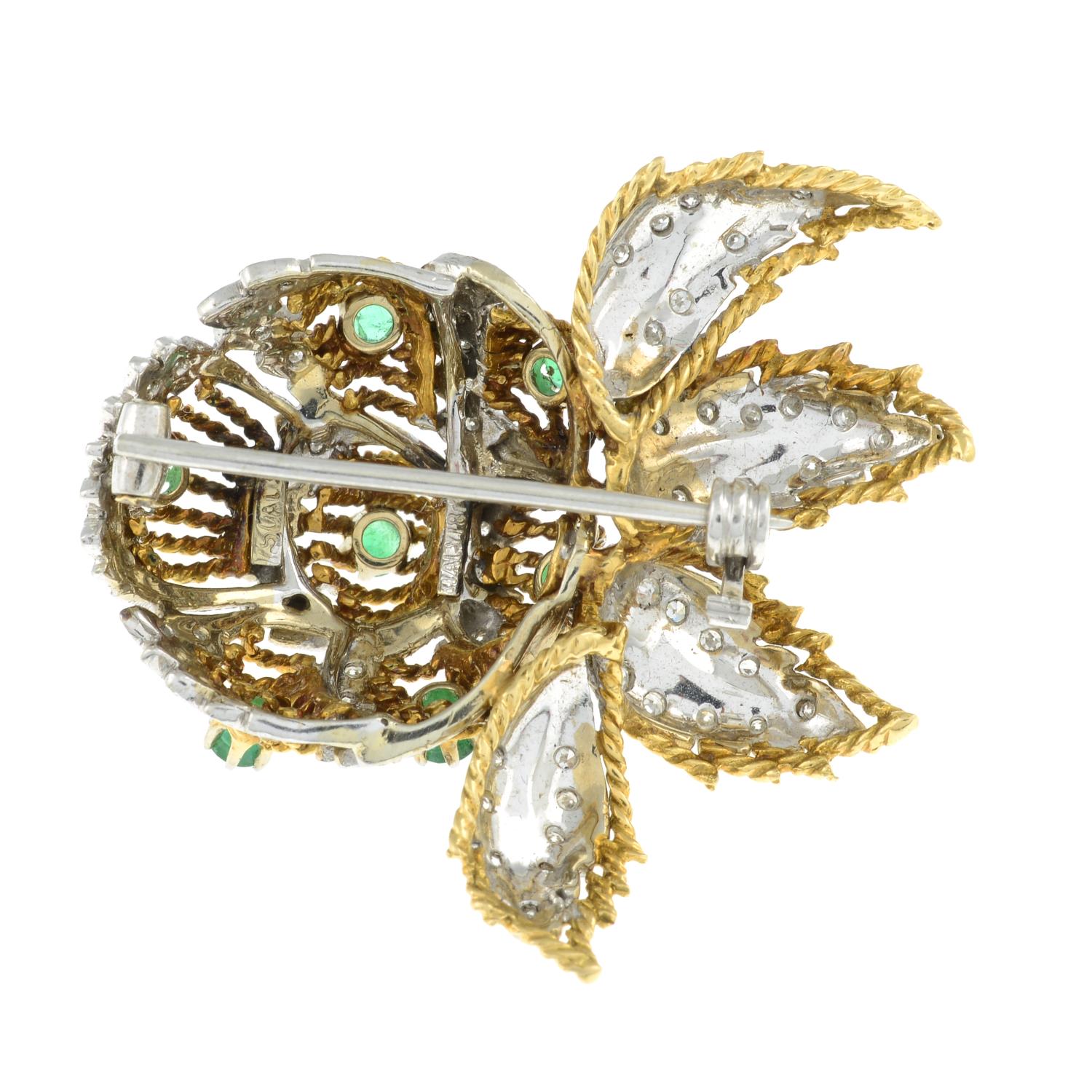 A 1970s 18ct gold emerald and diamond floral brooch. - Bild 6 aus 6