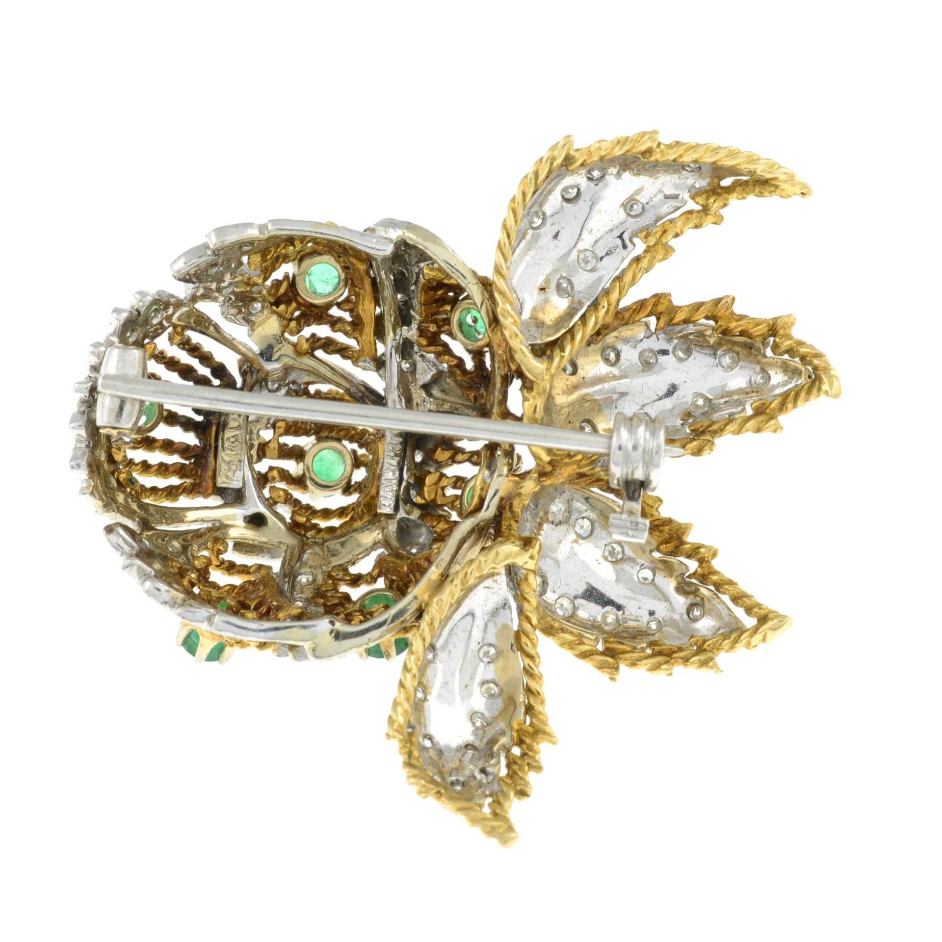 A 1970s 18ct gold emerald and diamond floral brooch. - Bild 6 aus 6