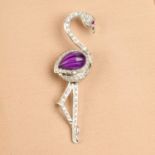 A carved amethyst, diamond and ruby flamingo brooch.