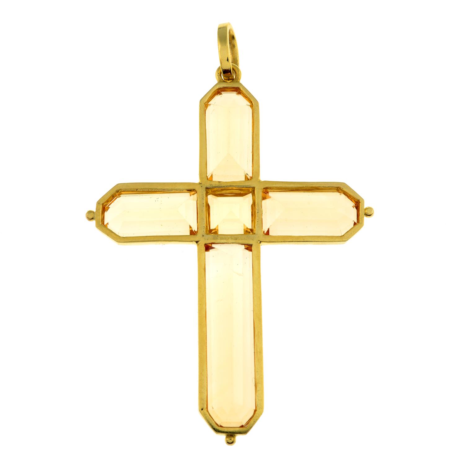 A late Georgian gold peachy yellow topaz cross pendant.Length 5.6cms. - Image 5 of 7