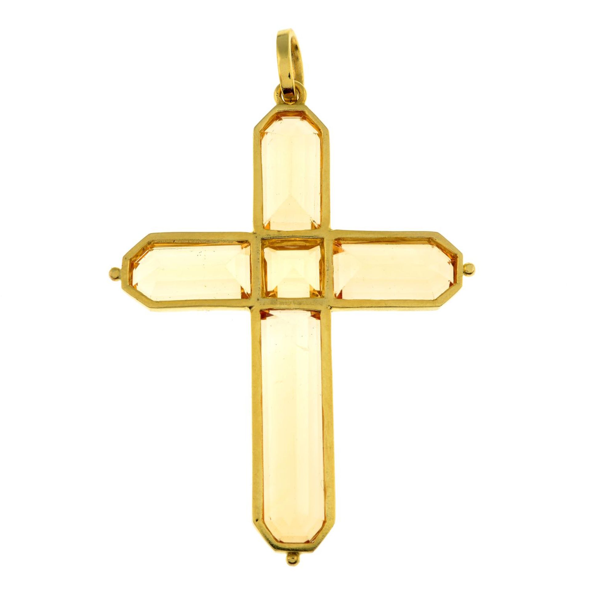 A late Georgian gold peachy yellow topaz cross pendant.Length 5.6cms. - Image 5 of 7