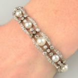 An early 20th century platinum natural pearl and diamond bracelet.