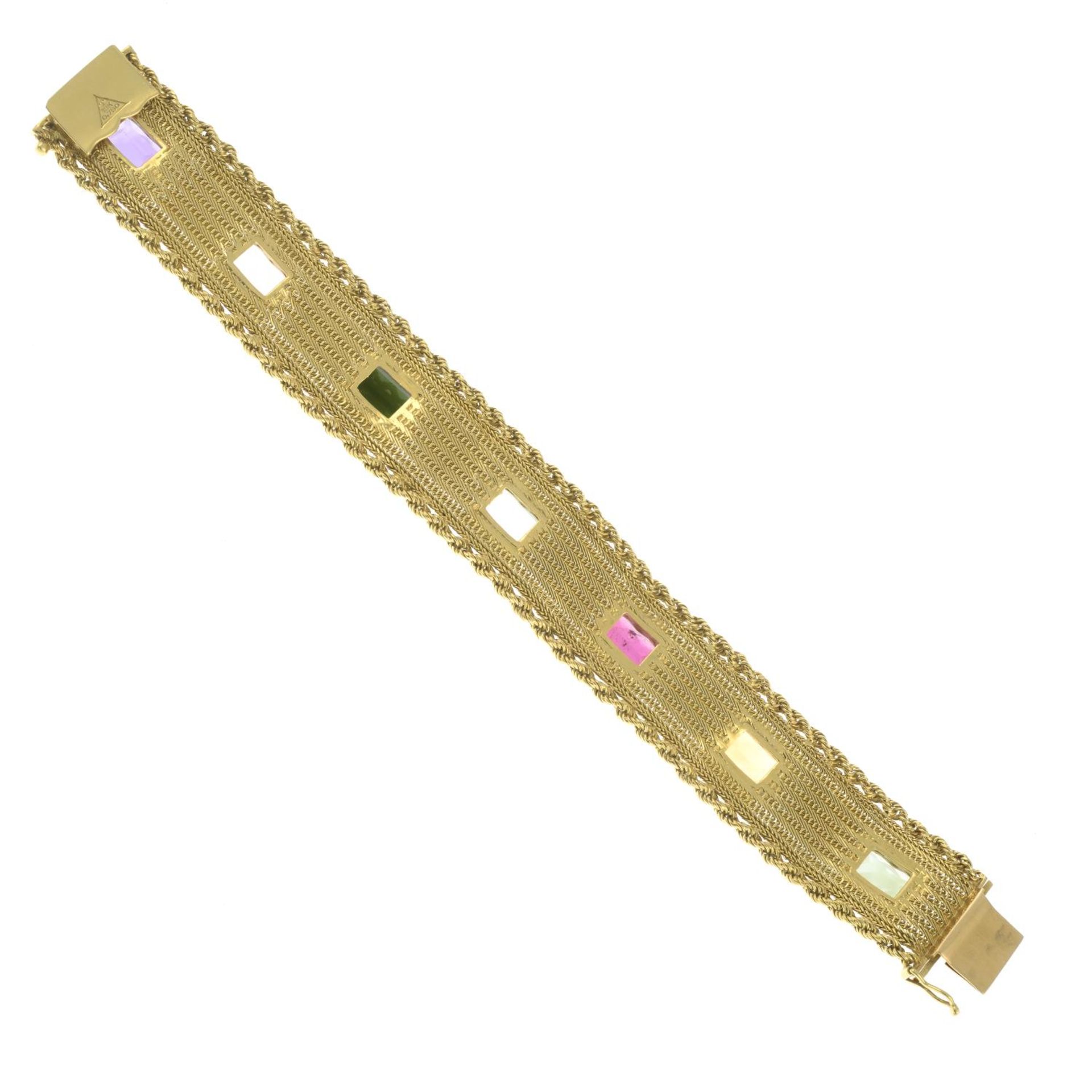 A mid 20th century 18ct gold multi-gem woven-link bracelet.Pink tourmaline calculated weight - Image 6 of 6