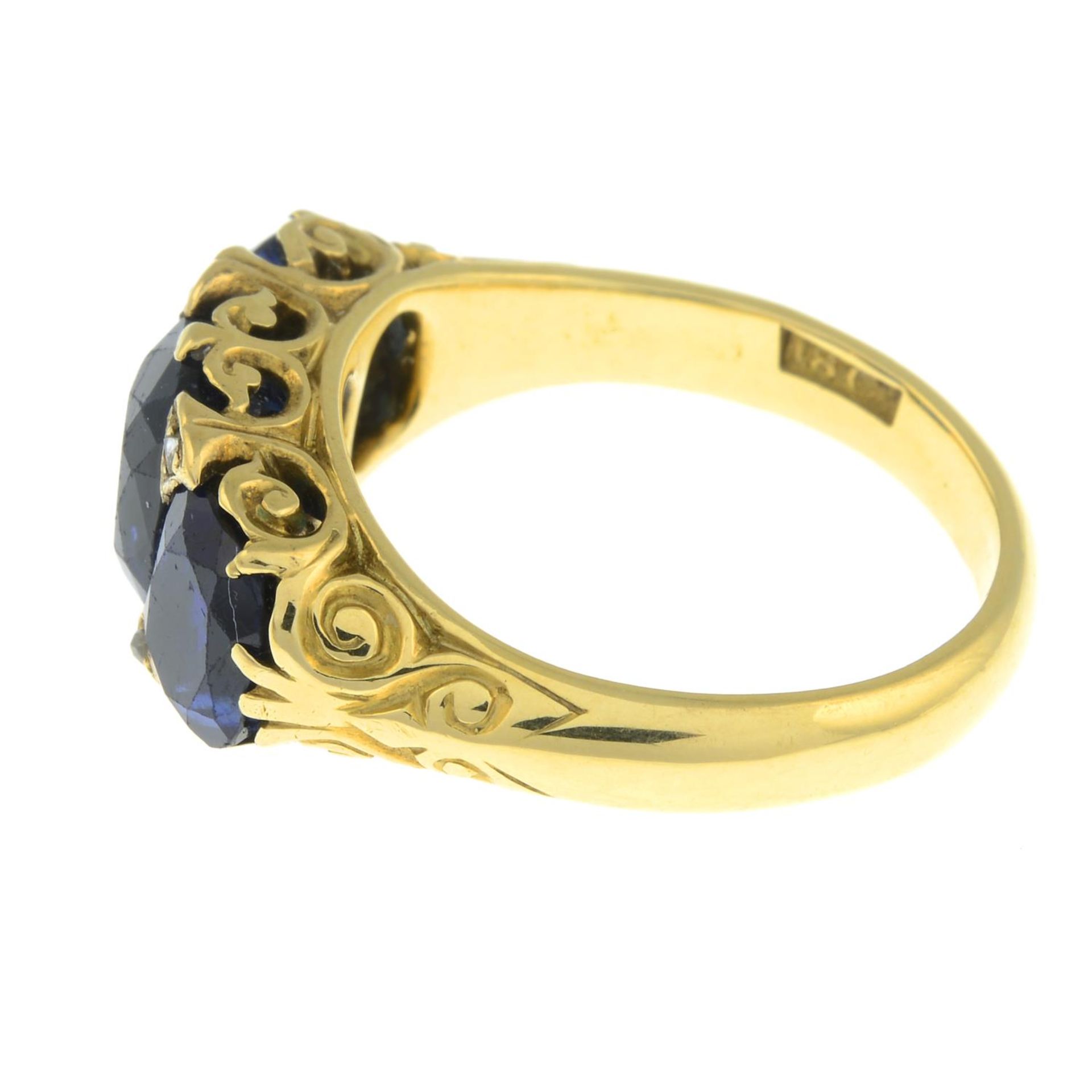 A late Victorian 18ct gold no-heat sapphire three-stone and diamond point accent ring.With report - Image 6 of 8