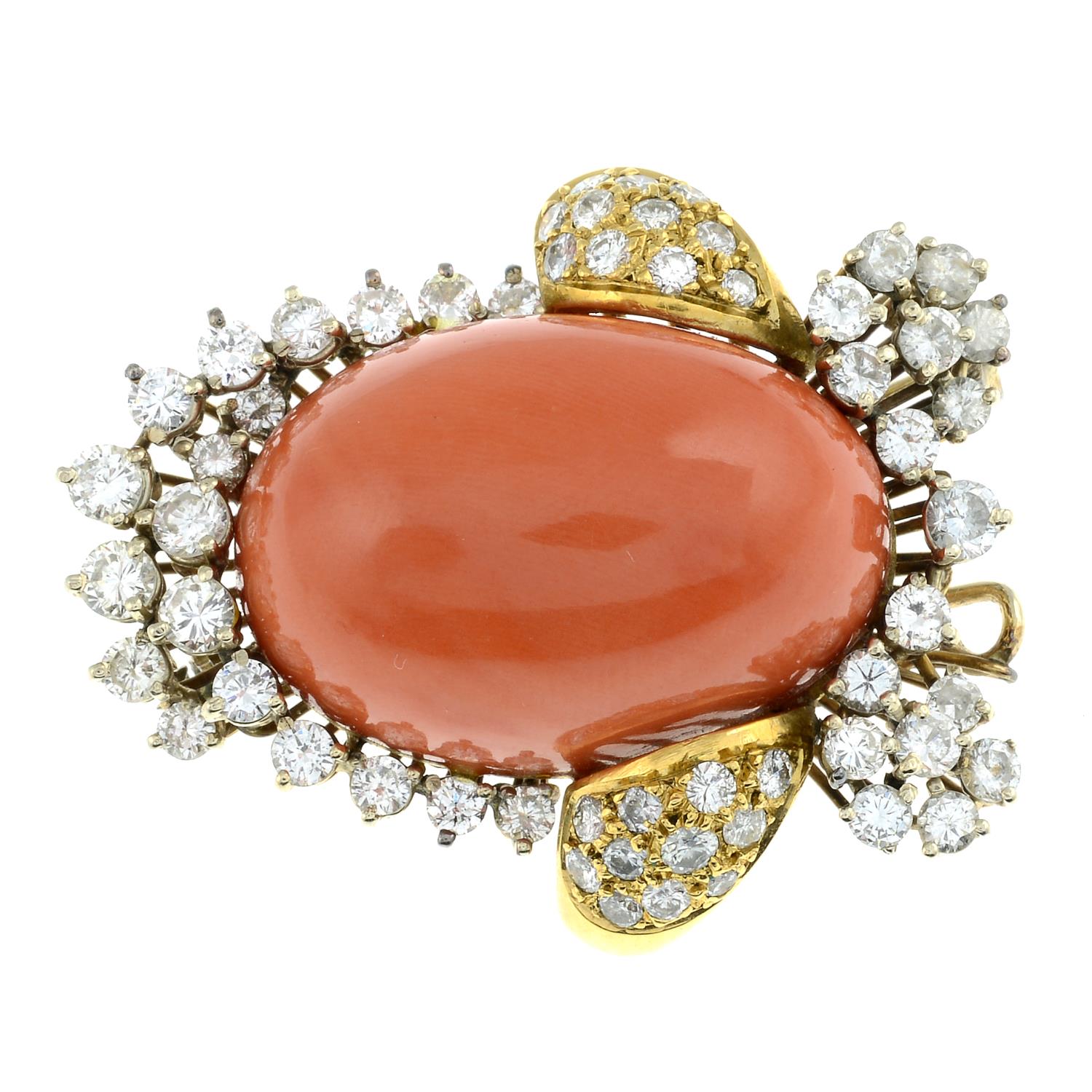 A coral and diamond brooch.Estimated total diamond weight 2.75cts, - Image 2 of 6