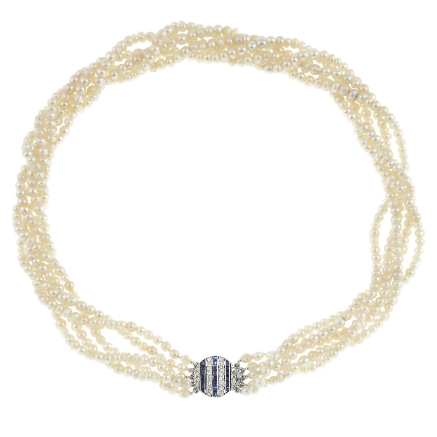 A natural pearl five-strand necklace, with sapphire and diamond clasp. - Bild 6 aus 9