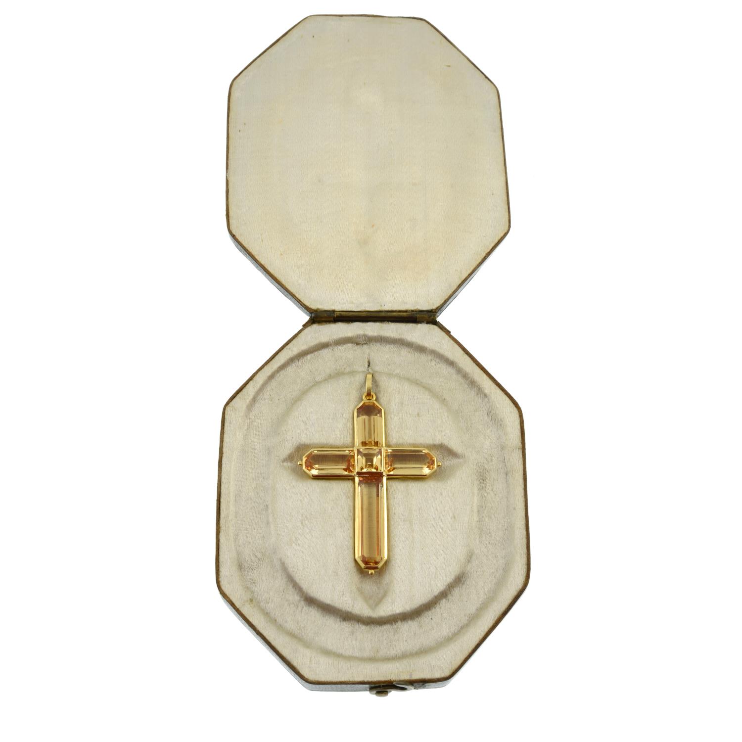 A late Georgian gold peachy yellow topaz cross pendant.Length 5.6cms. - Image 6 of 7