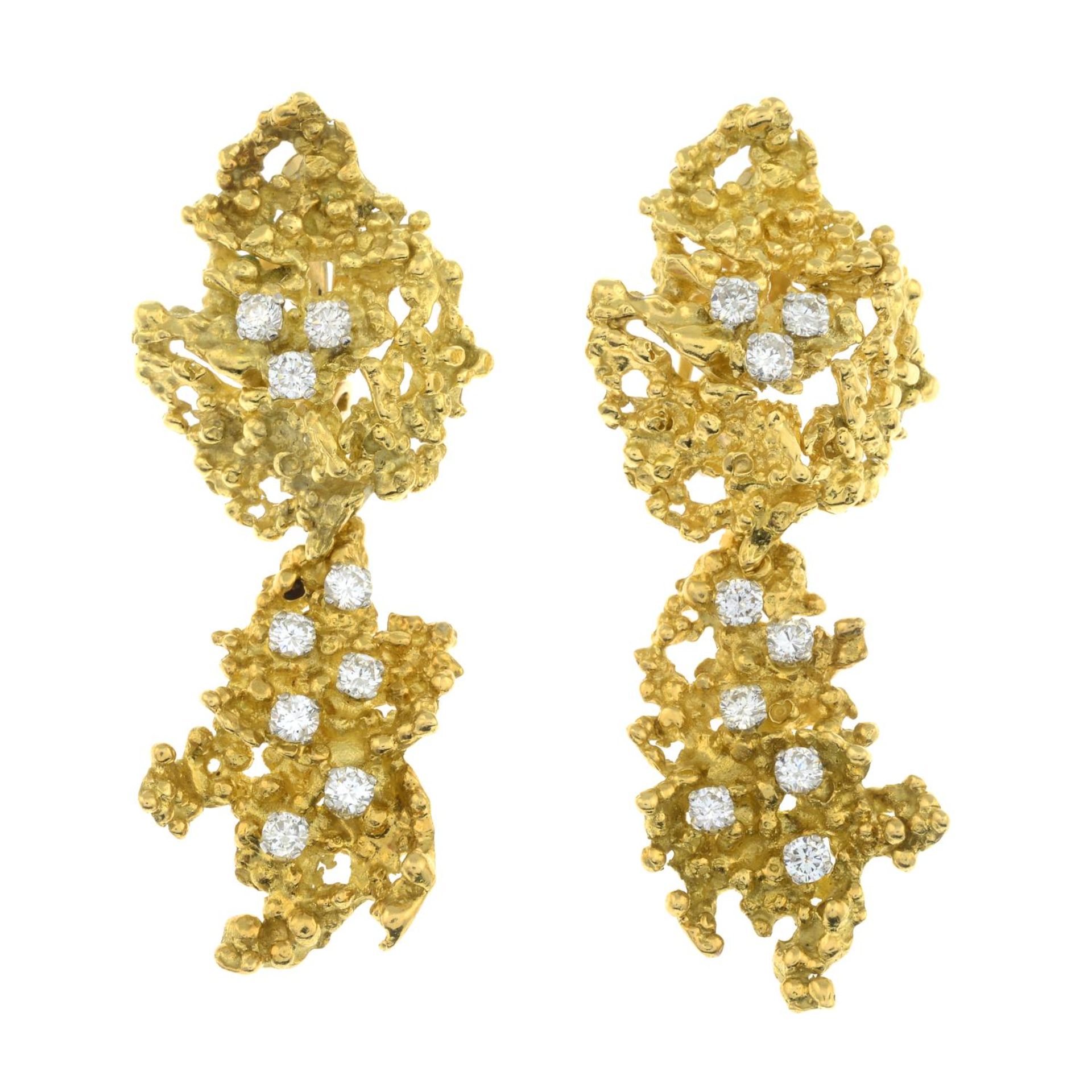 A pair of 1970's textured openwork and scattered brilliant-cut diamond earrings, - Image 2 of 6