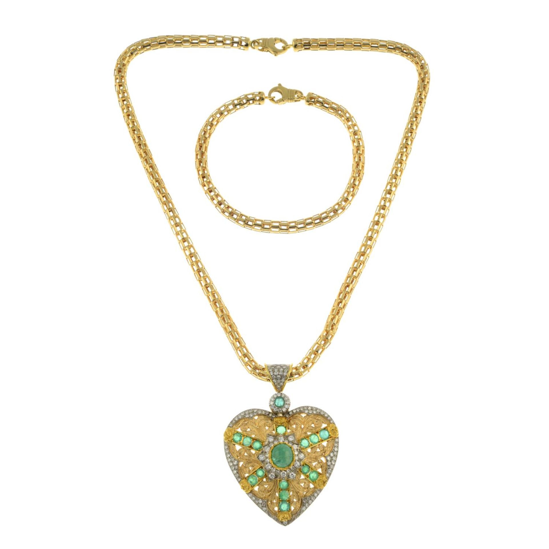An emerald and diamond heart pendant, with fancy-link chain. - Bild 7 aus 8