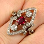 An early 20th century Belle Époque silver and gold, ruby and diamond dress ring.