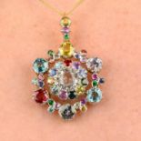 A multi-gem cluster pendant, to include vari-hue sapphires and zircons.Length 4.5cms.