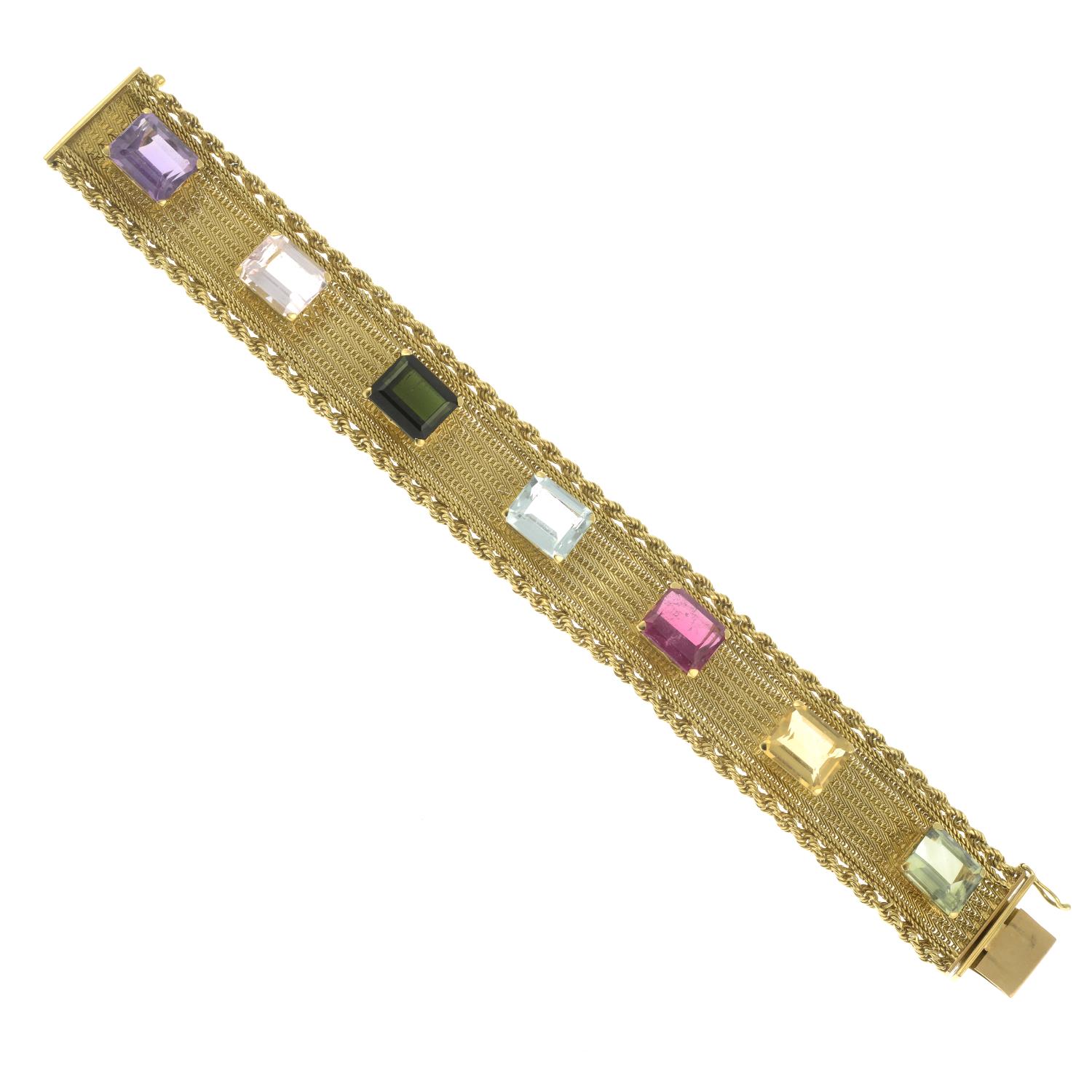 A mid 20th century 18ct gold multi-gem woven-link bracelet.Pink tourmaline calculated weight - Image 5 of 6