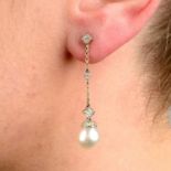 A pair of pearl and vari-cut diamond earrings.Estimated total diamond weight 0.20ct,