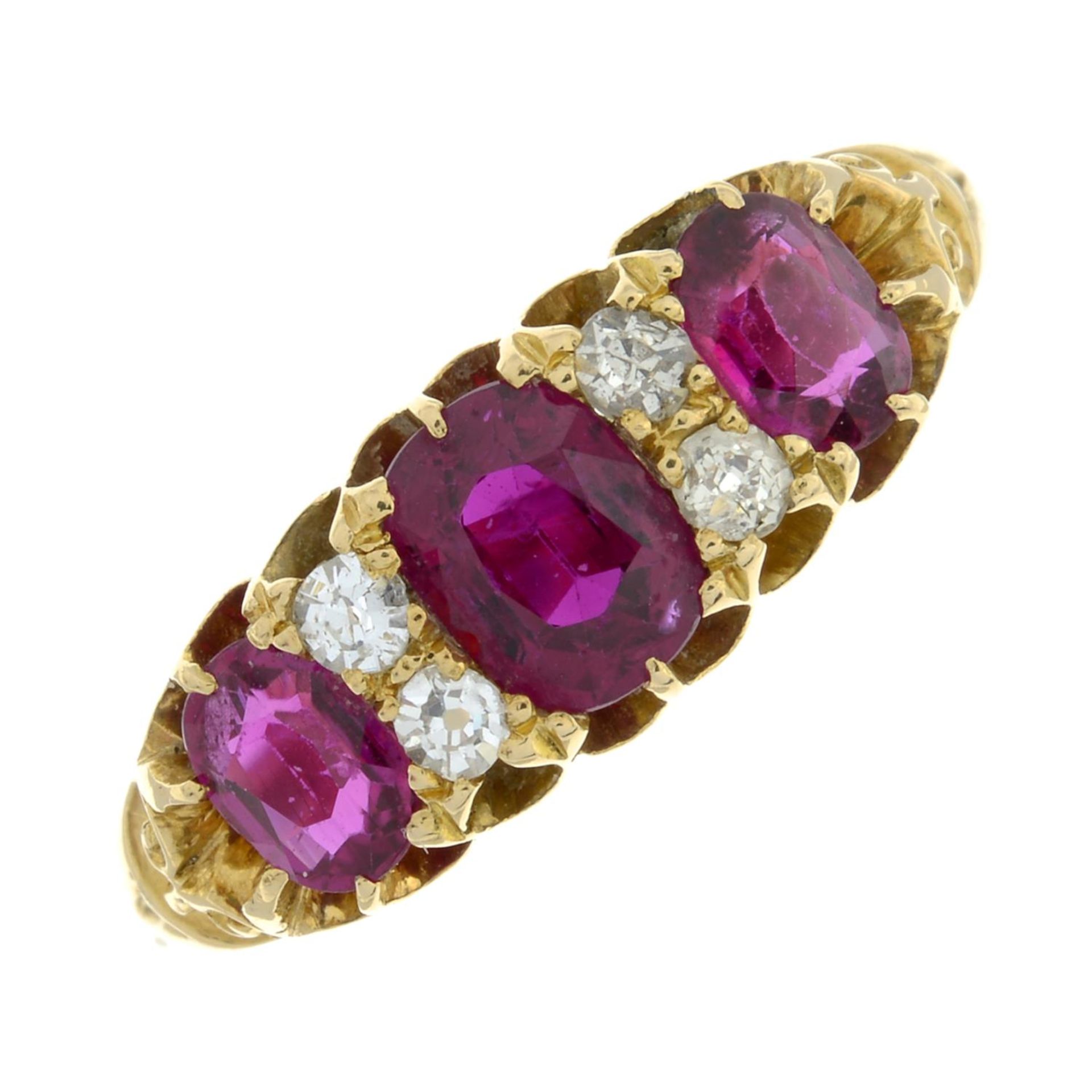 An Edwardian 18ct gold Thai ruby three-stone and diamond ring.Verbal from GCS, - Image 3 of 9