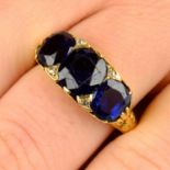 A late Victorian 18ct gold no-heat sapphire three-stone and diamond point accent ring.With report